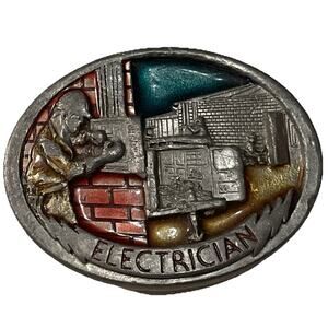 1988 C&J Vintage Electrician Pewter Enamel Belt Buckle 1054 Made USA 3.25x2.5”